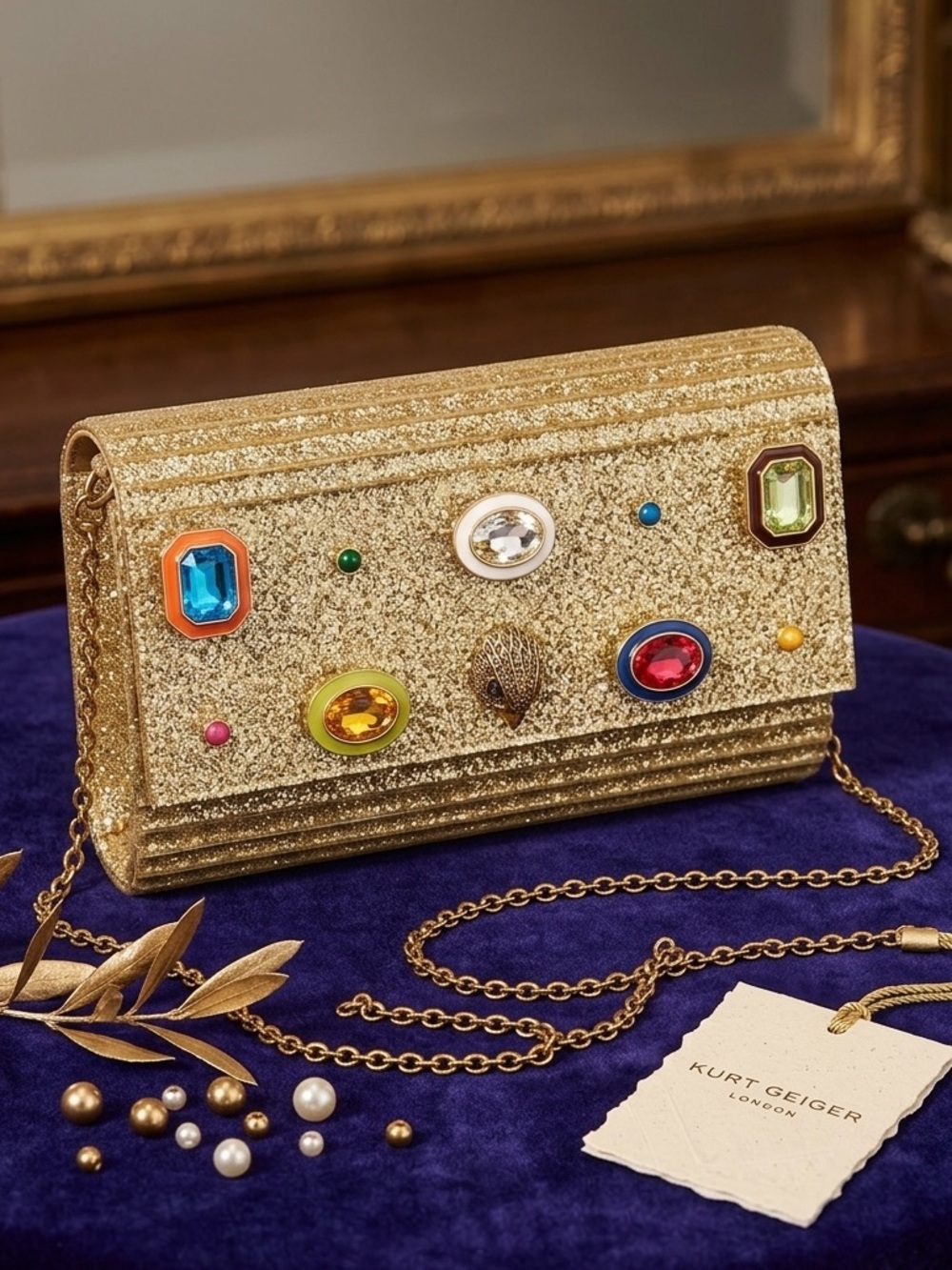 Kurt Geiger Gold Glitter Jeweled Chain Clutch